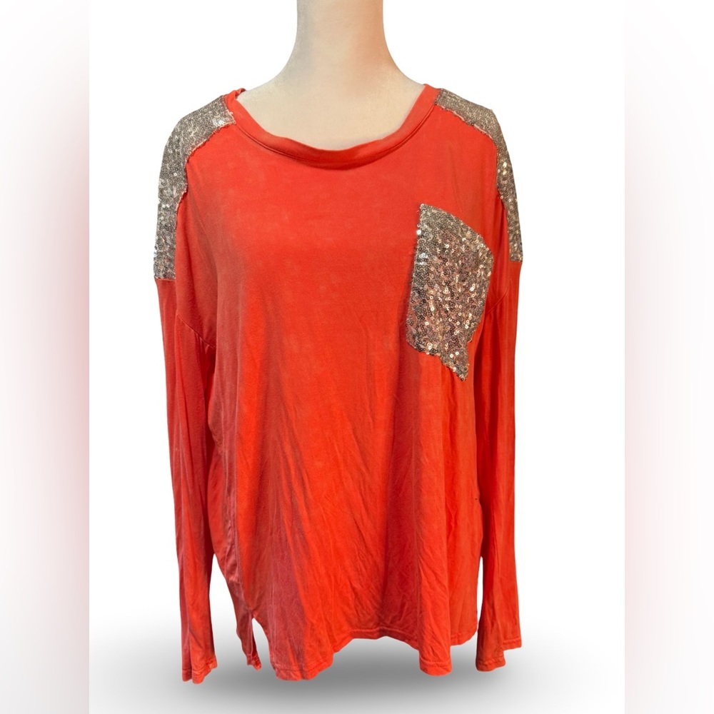 POL Orange Long Sleeve Sequin Pocket Shoulder Top Women’s M Oversized Blouse